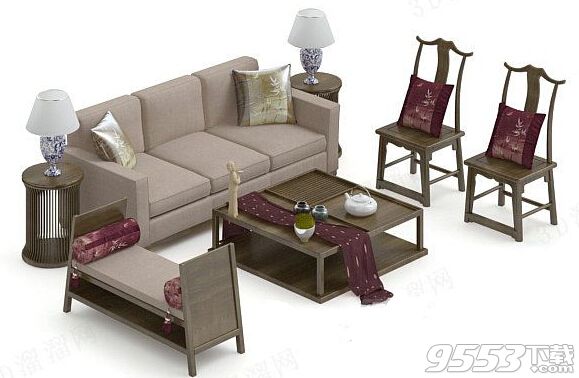 中式沙发茶几组合 3d模型