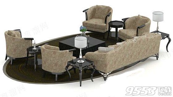 欧式7座棕色沙发茶几组合 3d模型
