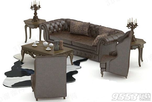 巧克力色欧式沙发茶几组合 3d模型