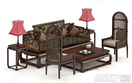 中式简约实木沙发茶几组合 3d模型