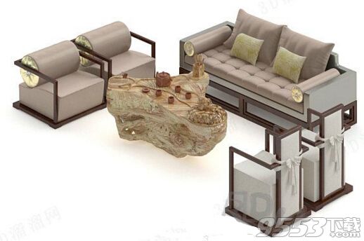 中式古典沙发茶几组合 3d模型