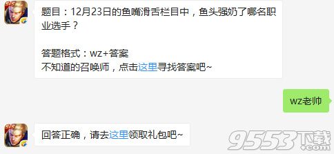 12月23日的鱼嘴滑舌栏目中，鱼头强奶了哪名职业选手？王者荣耀12月24日每日一题