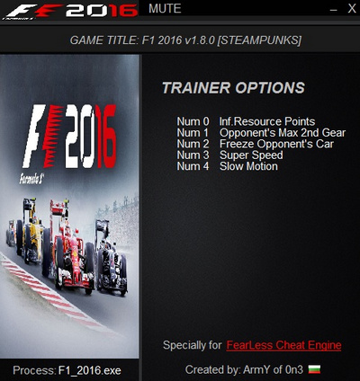 F1 2016 v1.8.0五項修改器ArmY of On3版