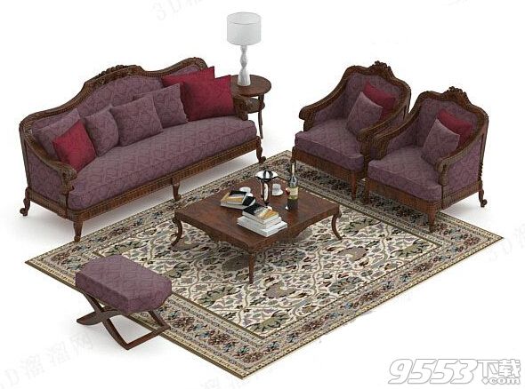 紫色沙发茶几组合 3d模型