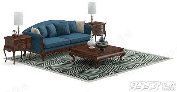 欧式蓝色沙发茶几组合 3d模型