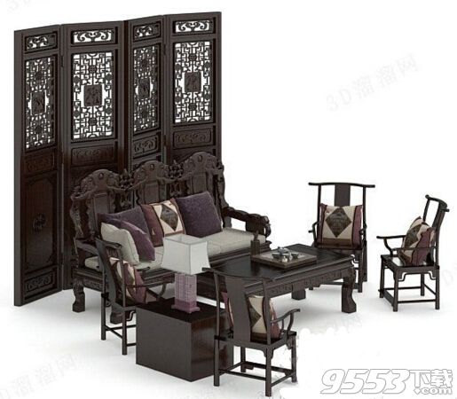 中式实木沙发茶几组合 3d模型